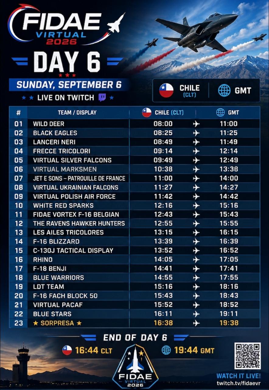 FIDAE Virtual 2026 Day 6 schedule featuring Chinese virtual aerobatic team Wild Deer